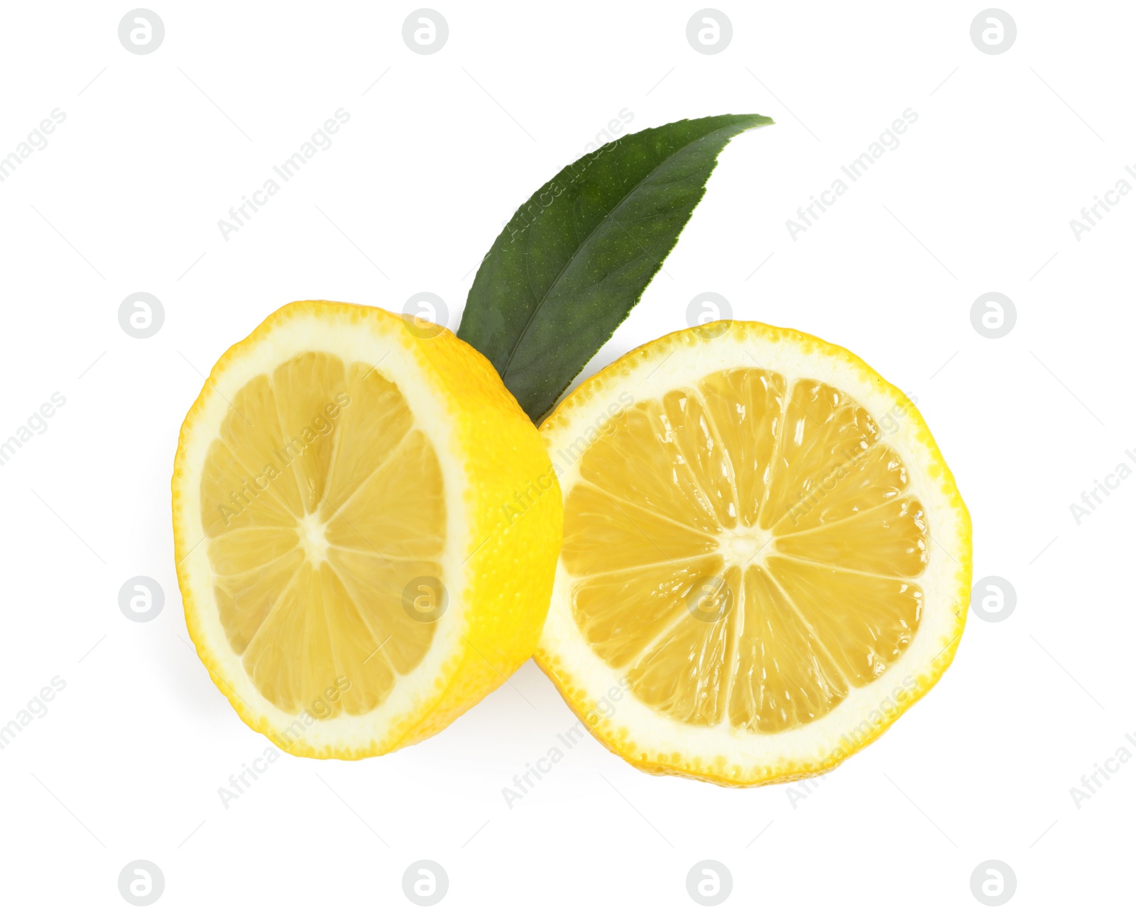 Photo of Fresh ripe lemon halves on white background, top view