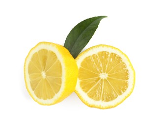 Fresh ripe lemon halves on white background, top view