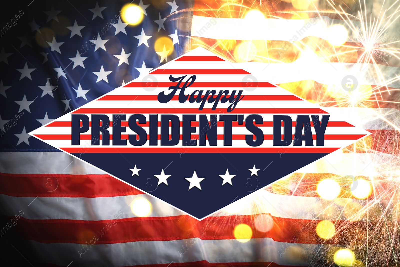 Image of Happy President's Day - federal holiday. National American flag and fireworks, bokeh effect