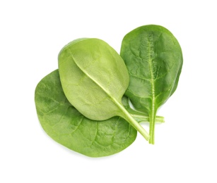 Photo of Fresh leaves of spinach isolated on white, top view