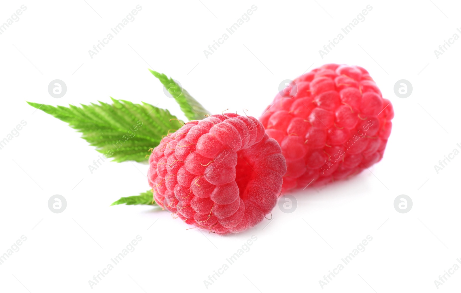 Photo of Fresh ripe raspberries with leaves isolated on white