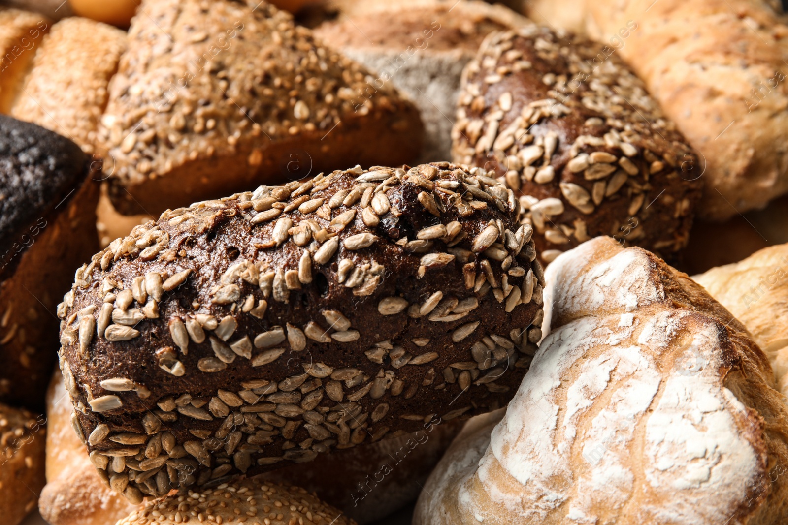 Photo of Different kinds of fresh bread as background, closeup