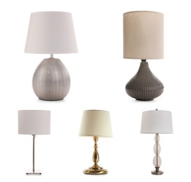 Set with stylish night lamps on white background 