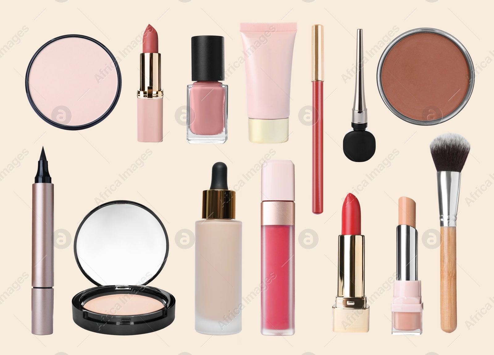 Image of Decorative cosmetics on beige background, collection. Makeup products