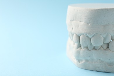 Dental model with gums on light blue background, closeup and space for text. Cast of teeth