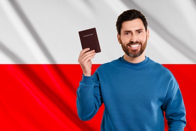 Immigration. Happy man with passport against national flag of Poland, space for text