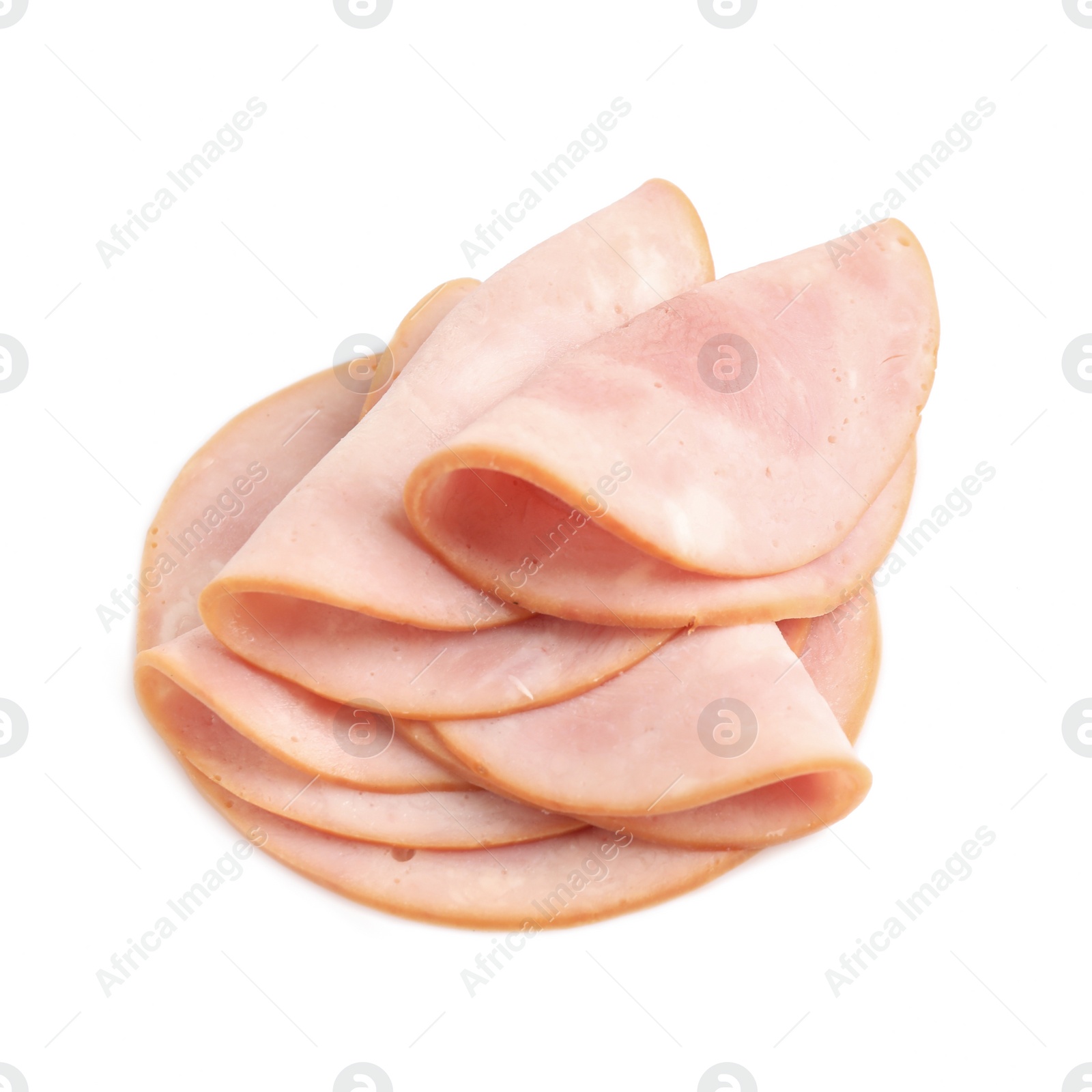 Photo of Slices of tasty fresh ham isolated on white