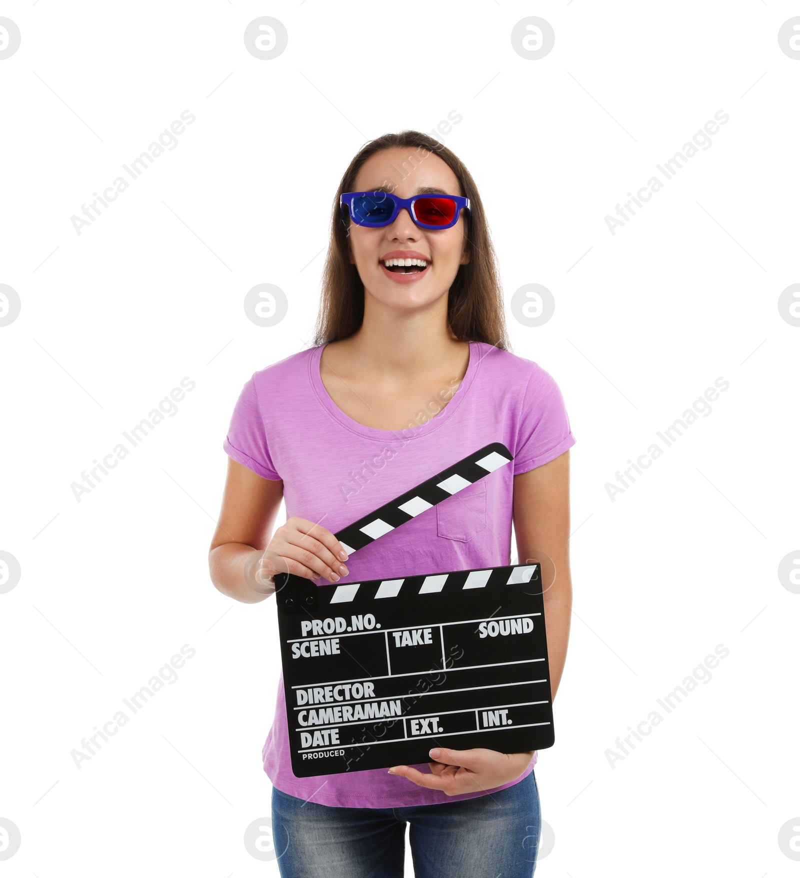 Photo of Woman with 3D glasses and clapperboard on white background. Cinema show