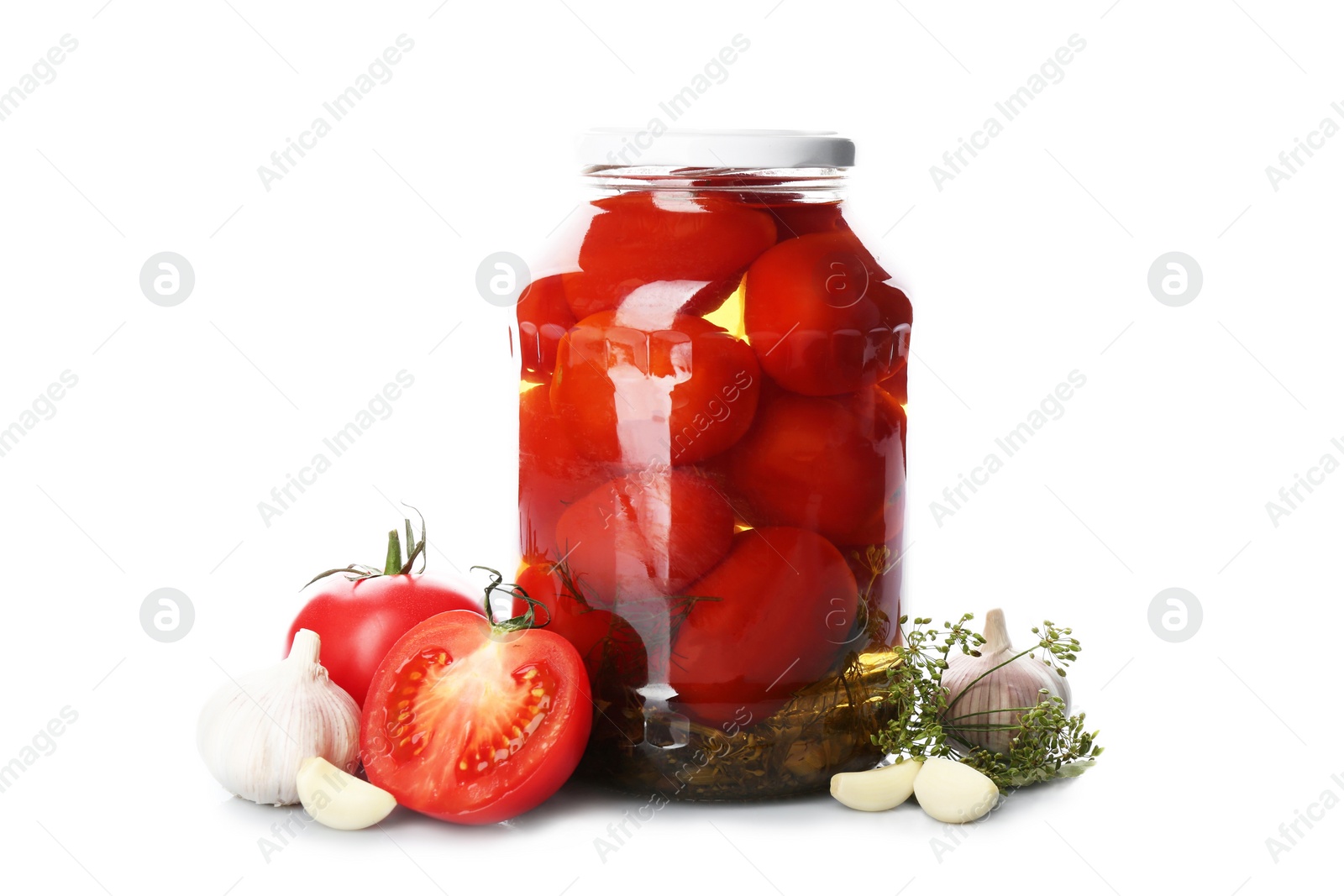 Photo of Jar of pickled tomatoes and fresh ingredients on white background