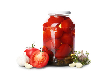 Photo of Jar of pickled tomatoes and fresh ingredients on white background