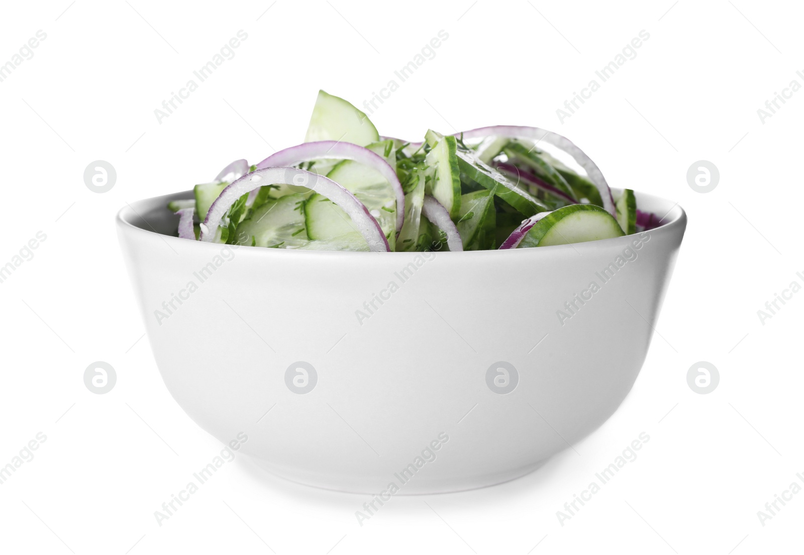 Photo of Fresh tasty salad with cucumber in bowl on white background