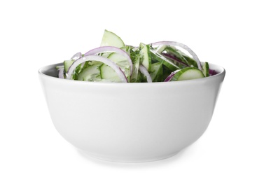 Photo of Fresh tasty salad with cucumber in bowl on white background