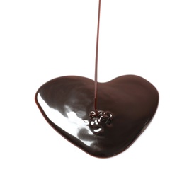 Photo of Pouring chocolate syrup into heart shaped puddle on white background