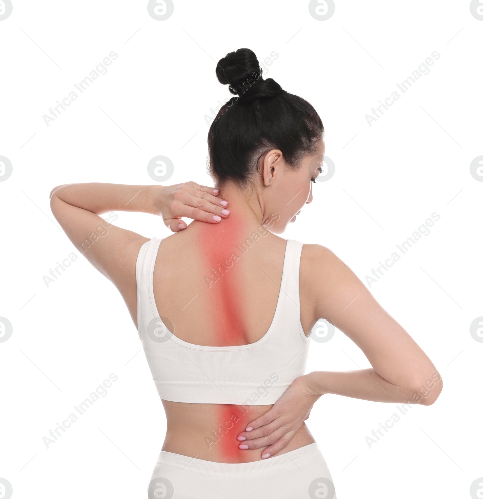 Image of Woman suffering from pain in back on white background