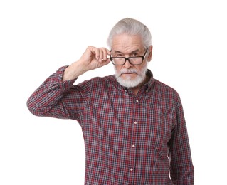 Portrait of grandpa with glasses on white background