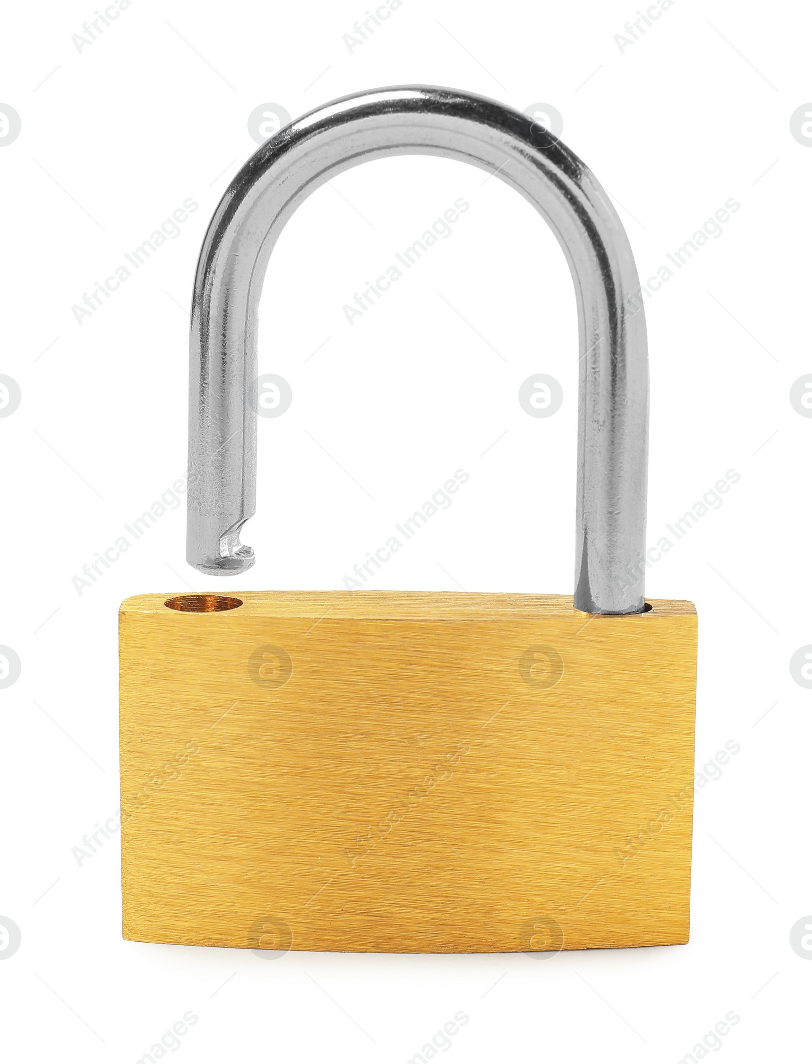 Photo of One new steel padlock isolated on white