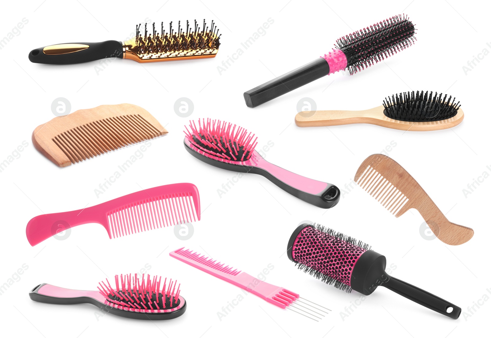 Image of Set with different hair brushes and combs on white background