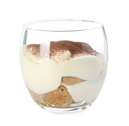 Photo of Delicious tiramisu in glass isolated on white
