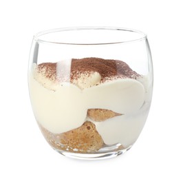 Delicious tiramisu in glass isolated on white