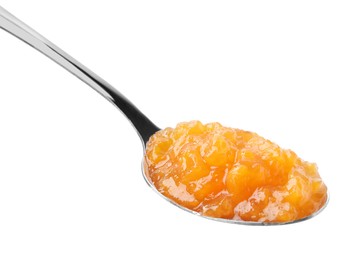 Spoon with tasty apricot jam isolated on white