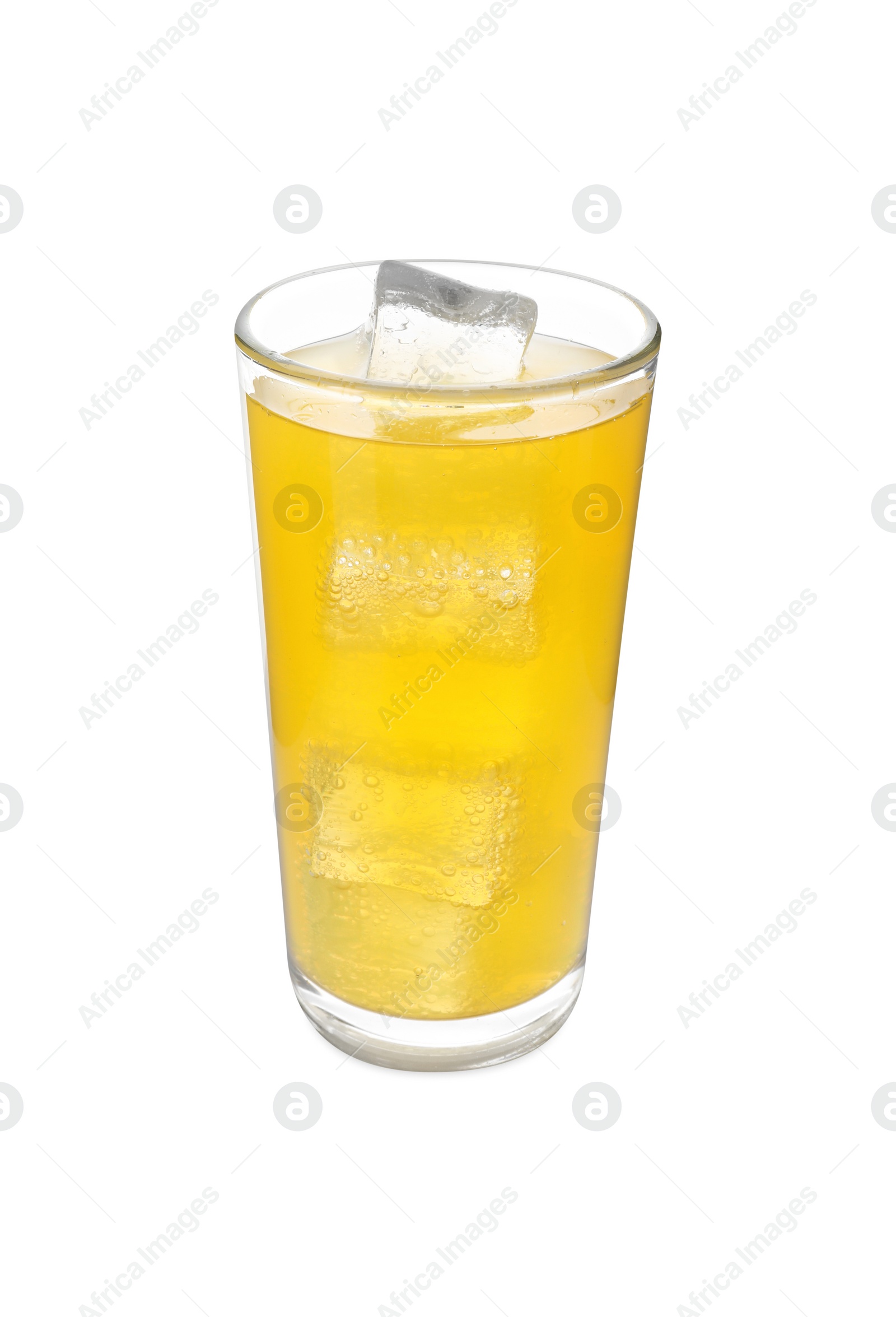 Photo of Glass of refreshing soda water with ice cubes isolated on white