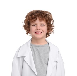 Photo of Portrait of little boy in medical uniform on white background