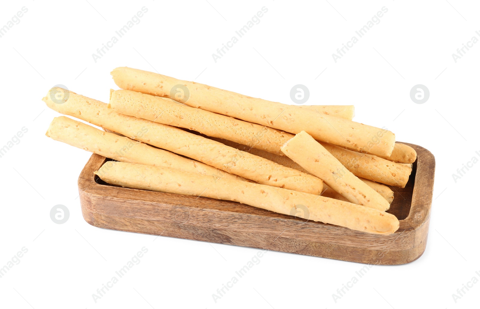 Photo of Delicious grissini isolated on white. Crusty breadsticks