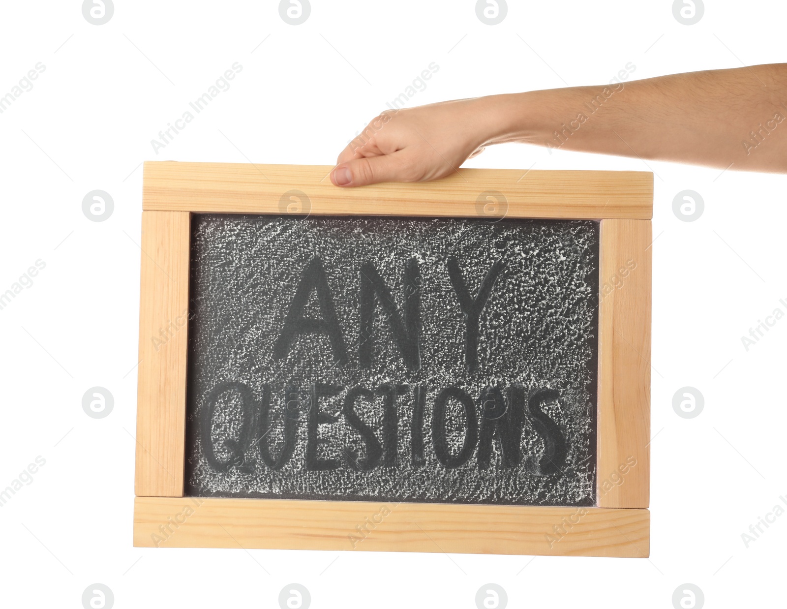 Photo of Woman holding blackboard with phrase ANY QUESTIONS on white background, closeup