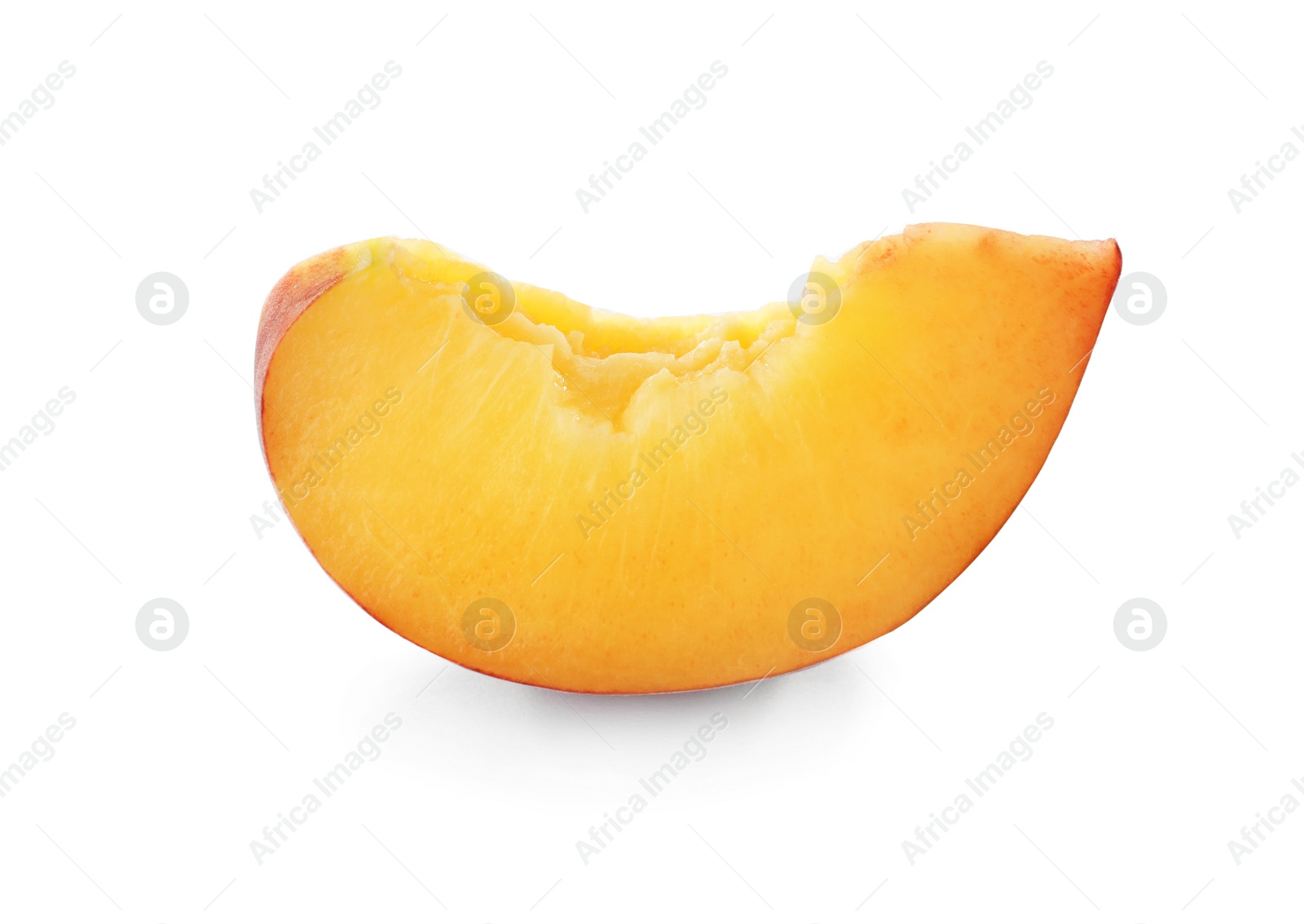 Photo of Slice of sweet juicy peach on white background