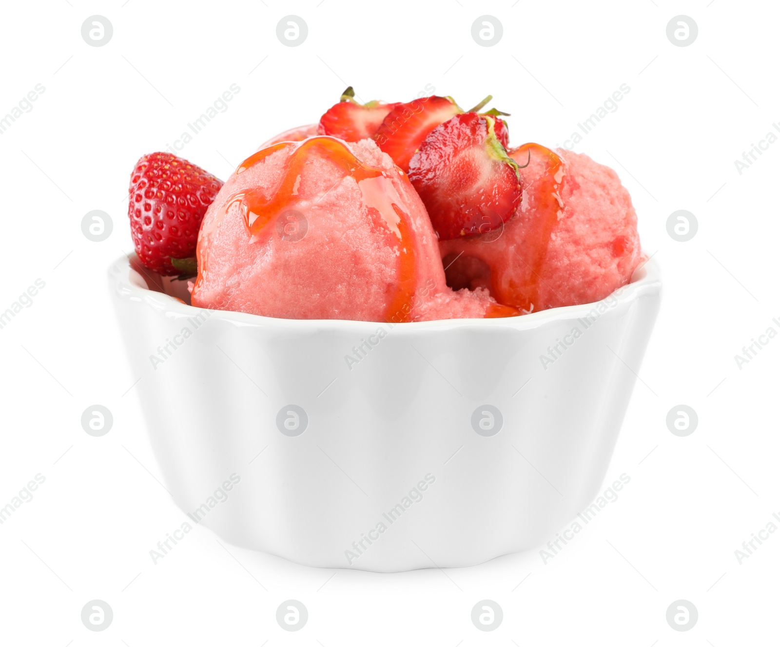 Photo of Delicious strawberry ice cream with syrup and fresh berries in dessert bowl on white background