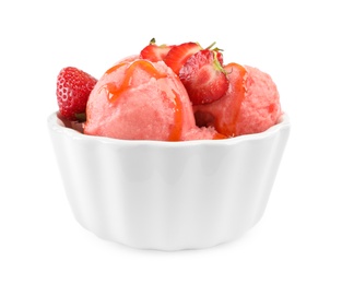 Delicious strawberry ice cream with syrup and fresh berries in dessert bowl on white background