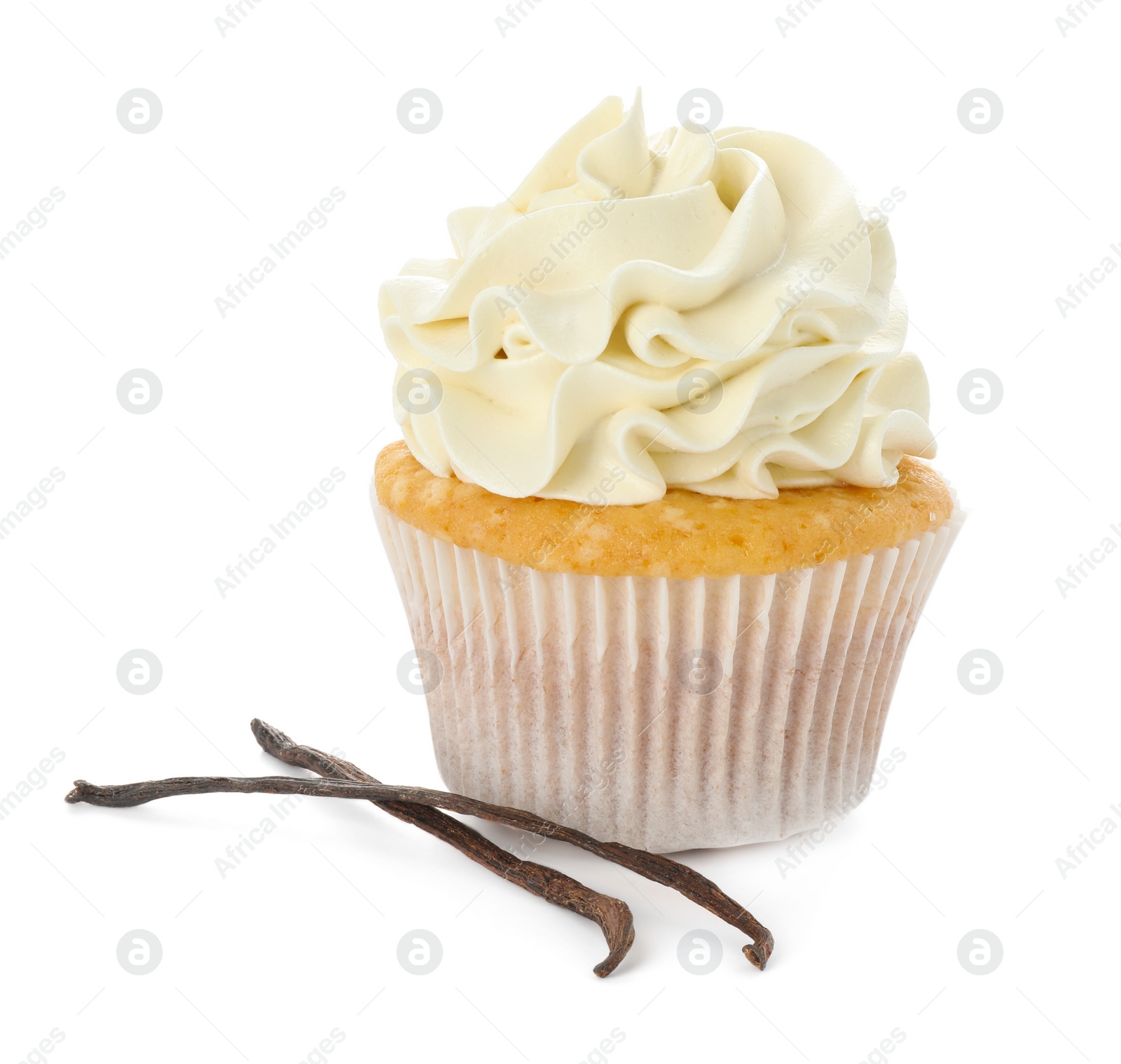 Photo of Tasty cupcake with cream and vanilla pods isolated on white