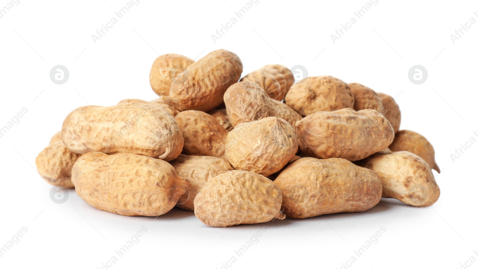 Photo of Raw peanuts in pods on white background