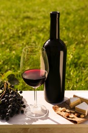 Red wine and snacks for picnic served on wooden table outdoors