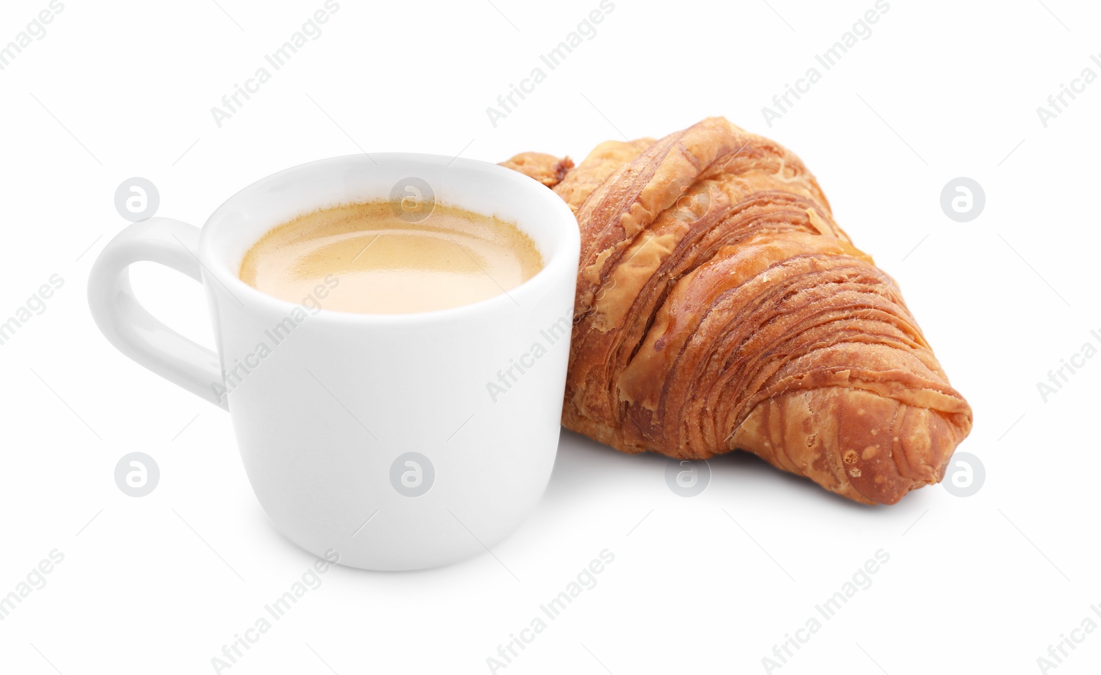 Photo of Fresh croissant and coffee isolated on white. Tasty breakfast