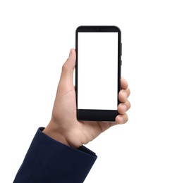 Photo of Man holding smartphone with blank screen on white background, closeup. Mockup for design
