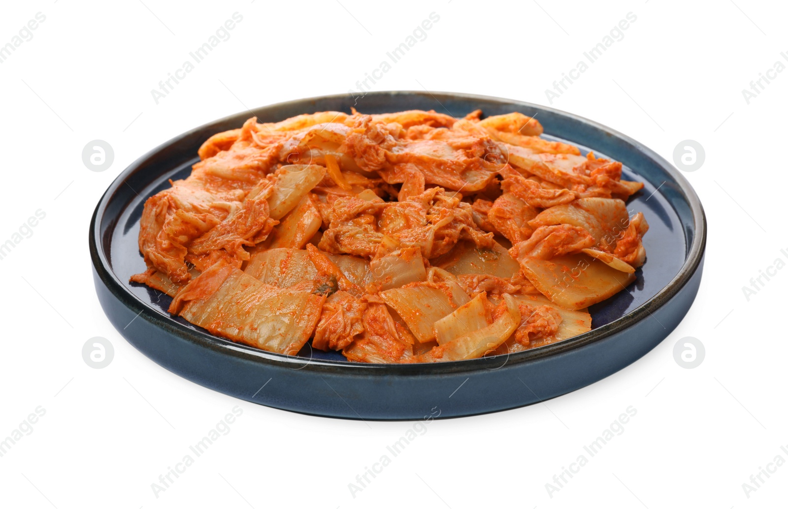 Photo of Plate of delicious kimchi with Chinese cabbage isolated on white