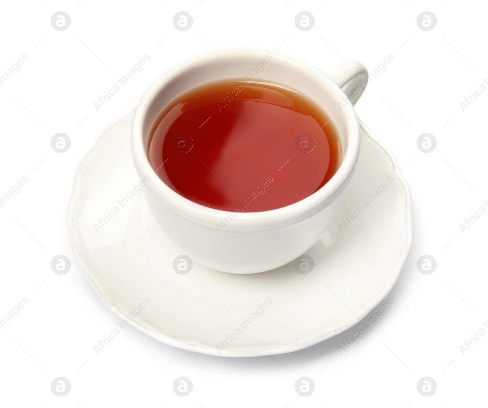 Photo of Ceramic cup of hot aromatic tea on white background