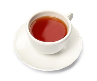 Photo of Ceramic cup of hot aromatic tea on white background