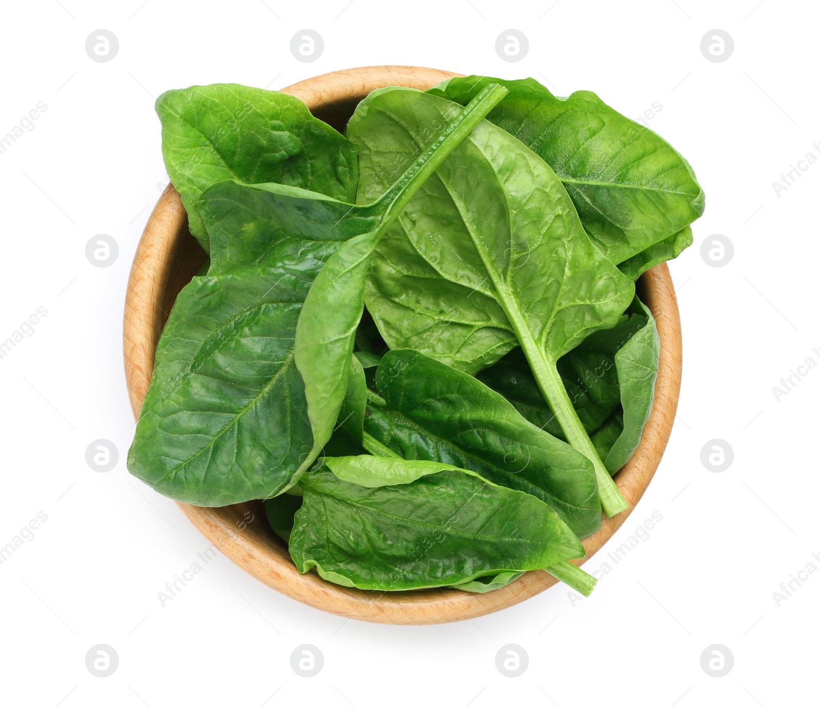 Photo of Bowl of fresh spinach leaves isolated on white, top view