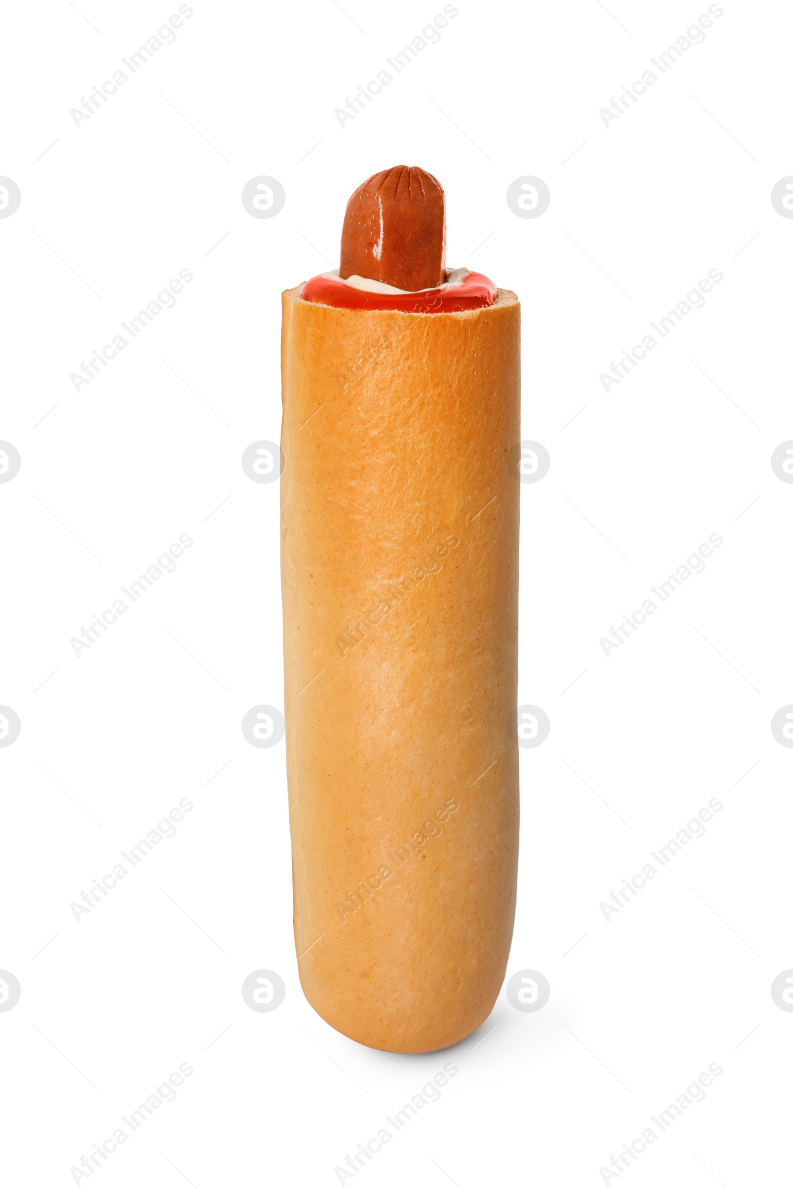 Photo of Tasty french hot dog with sauce isolated on white