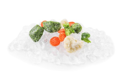 Mix of different frozen vegetables with ice isolated on white
