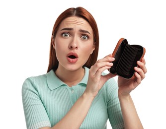 Confused woman with empty wallet on white background