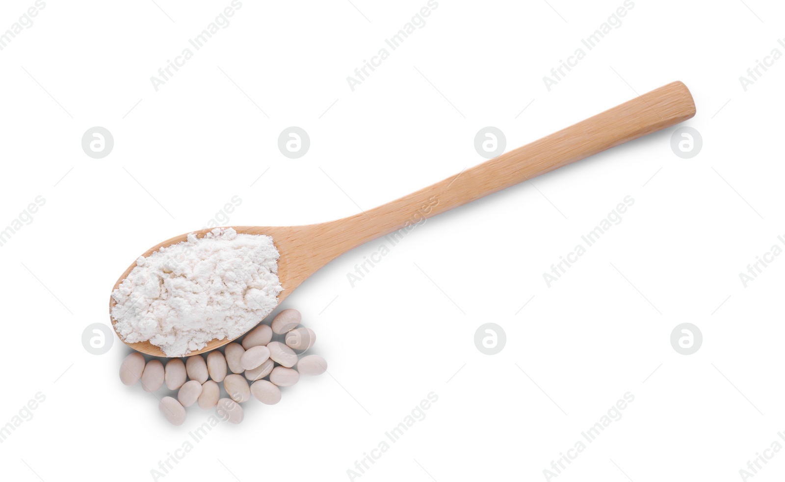 Photo of Wooden spoon with flour and kidney beans isolated on white, top view