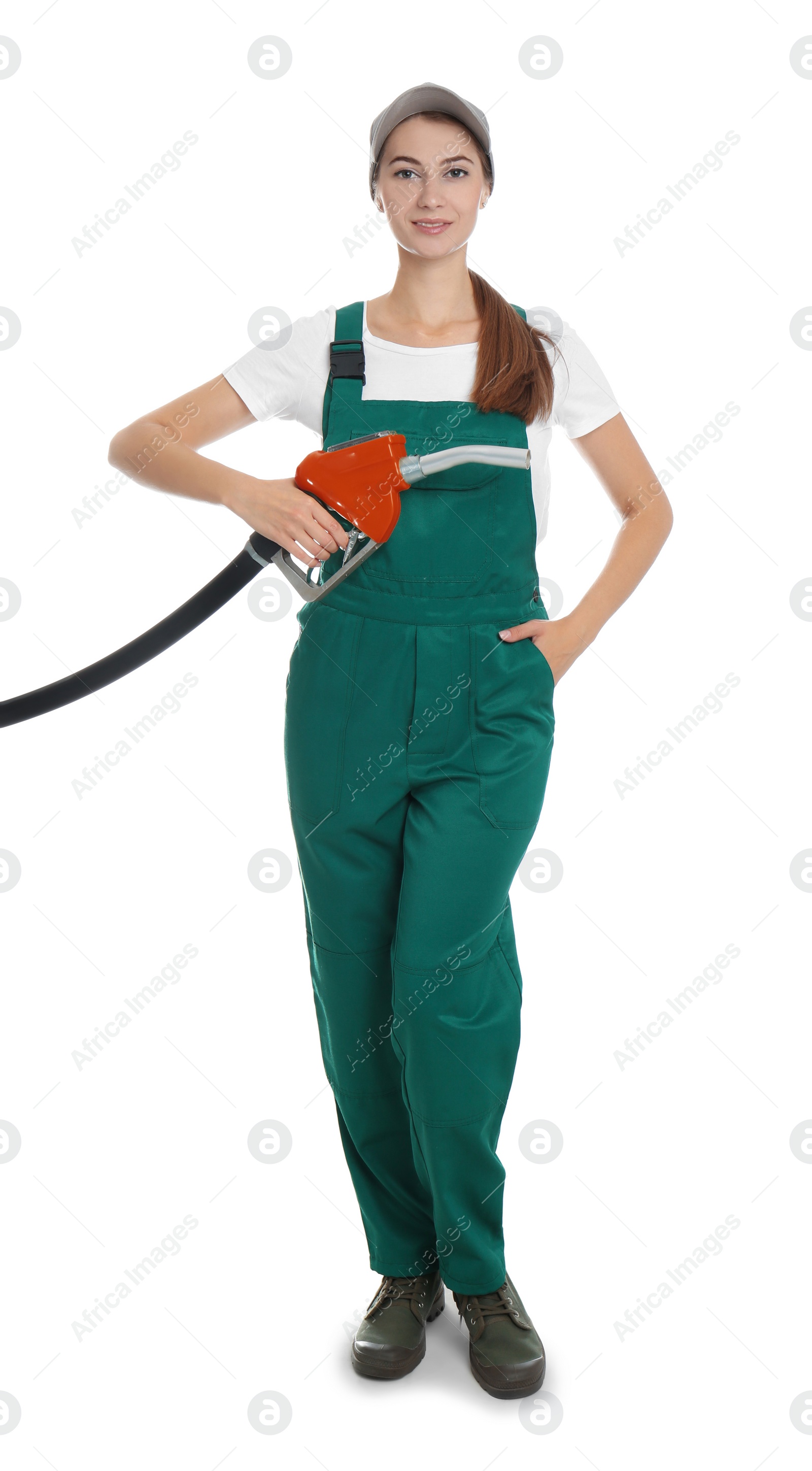 Photo of Gas station worker with fuel nozzle on white background