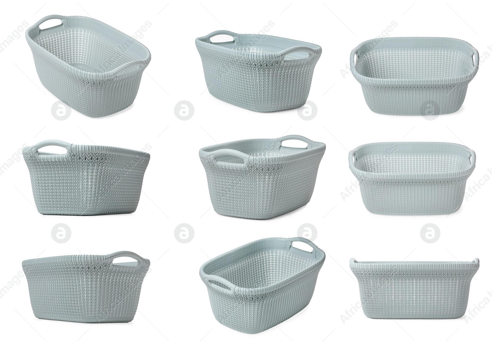 Plastic laundry basket on white background, view from different sides Image of Plastic laundry basket on white background, view from different sides