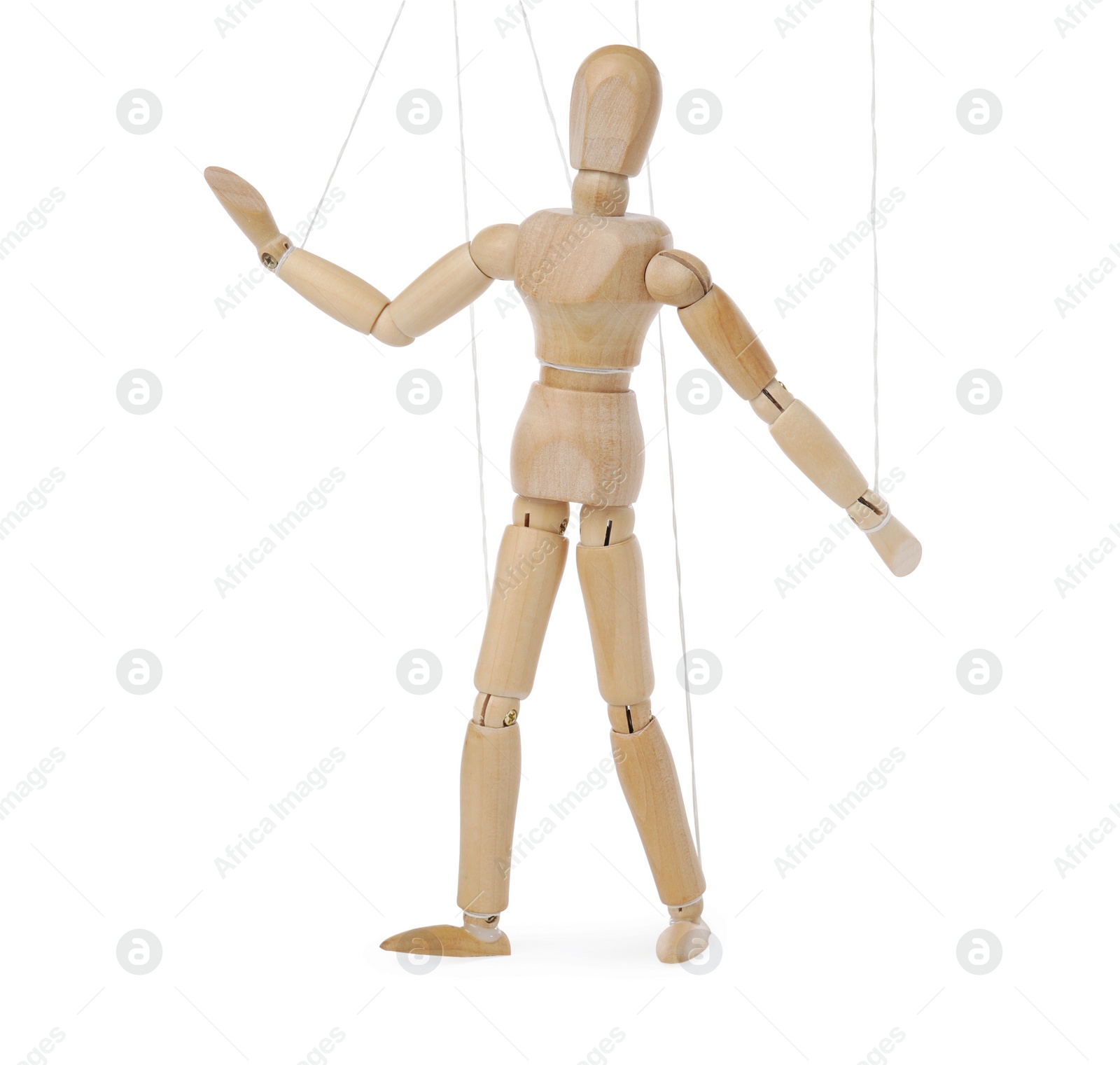 Photo of One wooden puppet with strings on white background