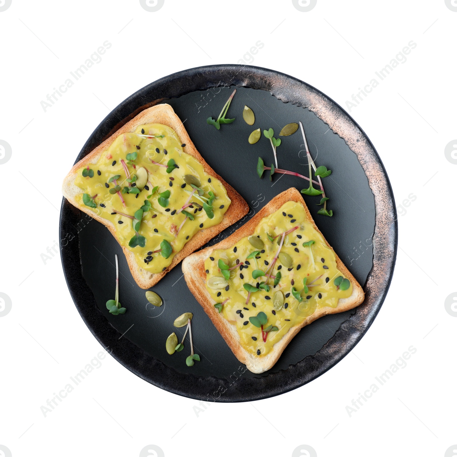 Photo of Delicious sandwiches with guacamole, microgreens and seeds on white background, top view