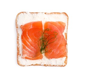 Photo of Delicious toast with cream cheese, salmon and microgreens isolated on white, top view