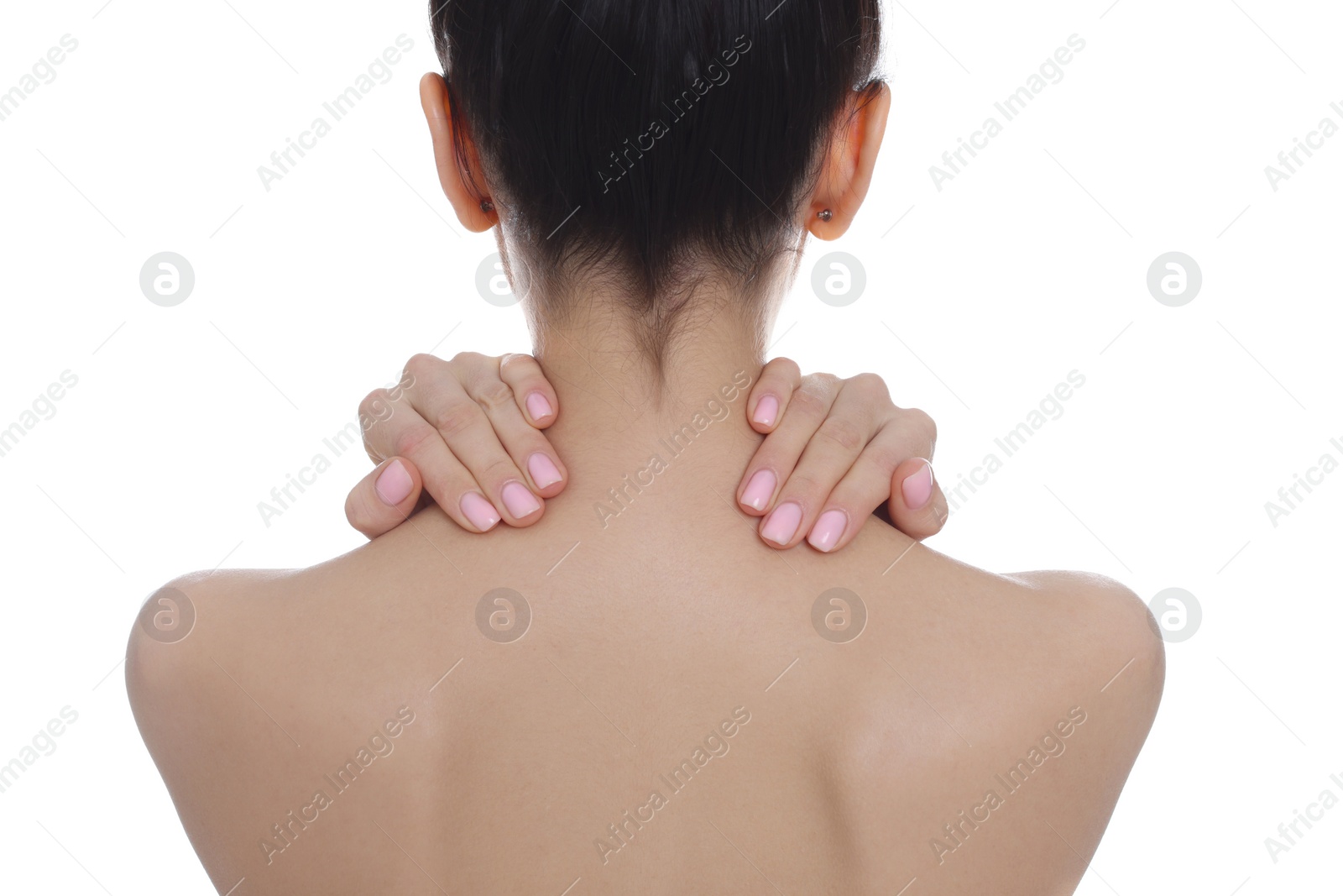 Photo of Back view of woman with perfect smooth skin on white background, closeup